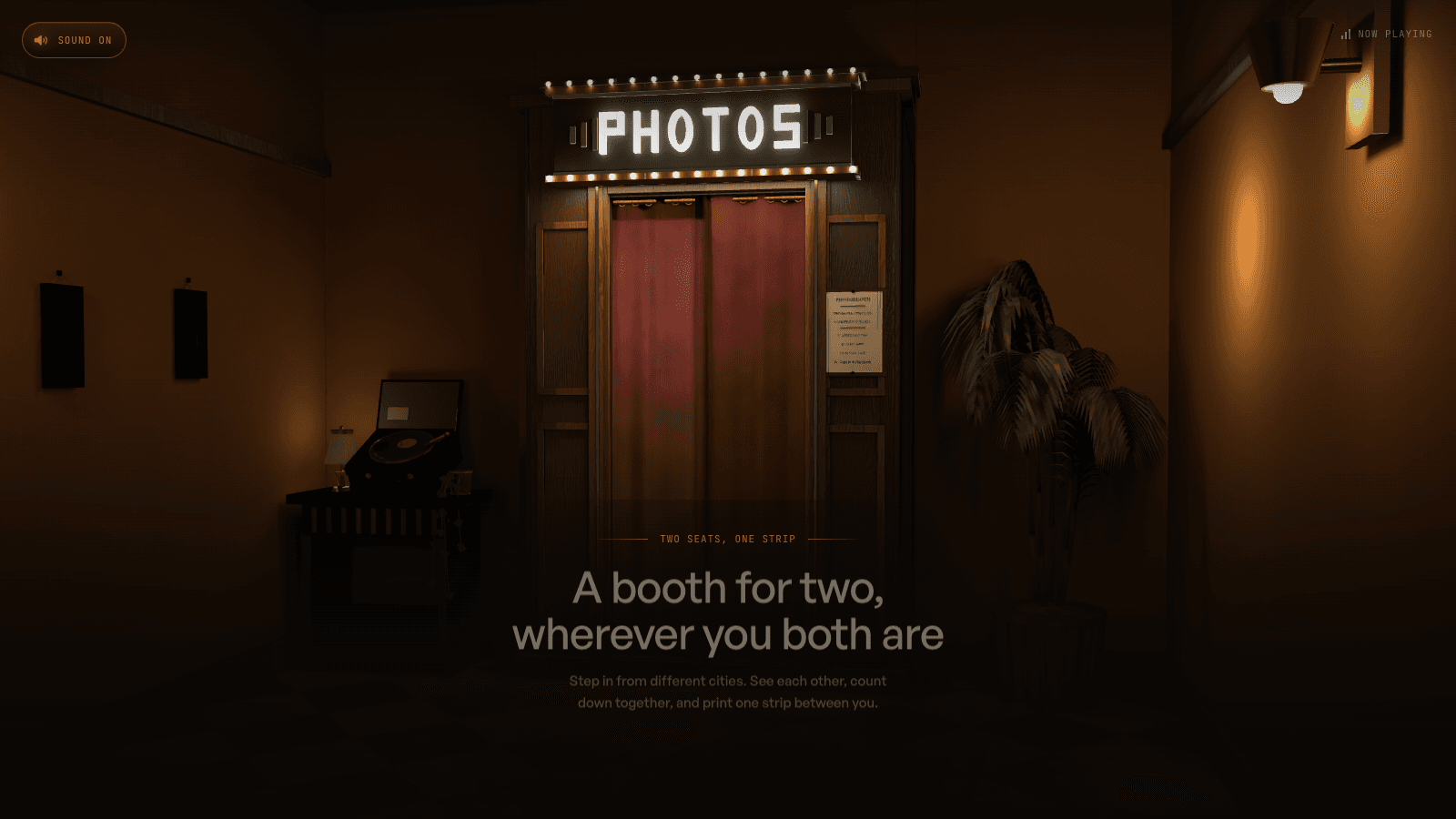 The photobooth entrance: a warm wooden booth with a glowing PHOTOS marquee and a red velvet curtain