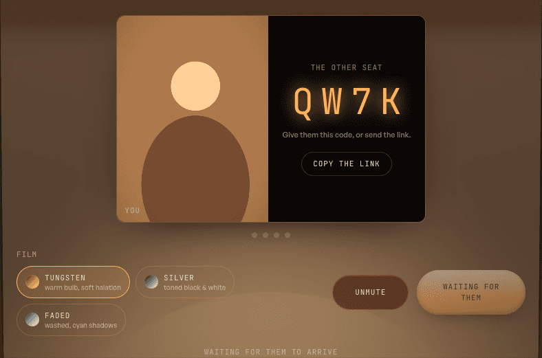 Example camera feed beside the invitation code and Copy the link button in the empty seat