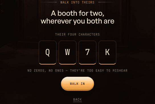Joining form with four code slots filled with the example QW7K and the Walk in button below