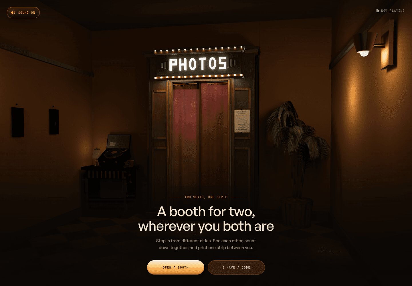 Photobooth entrance with the amber Open a booth button and I have a code beside it