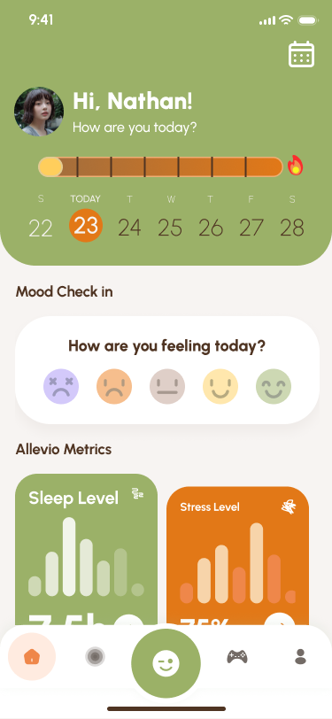 Allevio home screen with calm palette and daily check-in