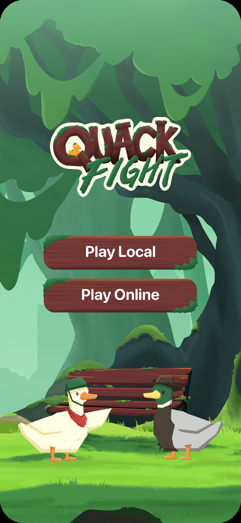 QuackFight main menu with duck and goose facing off in the forest
